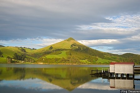 Boathouse and Harbour Cone New Zealand, Otago, Portobello, boat shed, boathouse, clouds, hoopers inlet, Neuseeland