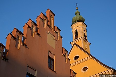 Gables in Landshut Bavaria, blue sky, Lower Bavaria, church, evening light, gable, red, Germany, Landshut, Deutschland, Bayern