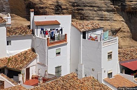 Houses in Setenil de las Bodegas Spain, Andalusia, Alcala Del Valle, balcony, laundry, pueblo Blanco, roof, Spanien, Espana, Andalucia, Andalusien