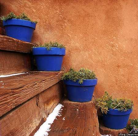 Flowerpots Santa Fe, adobe, New Mexico, stair, flowerpots, united States, blue stairs, USA, Vereinigte Staten, Neu Mexiko, NM
